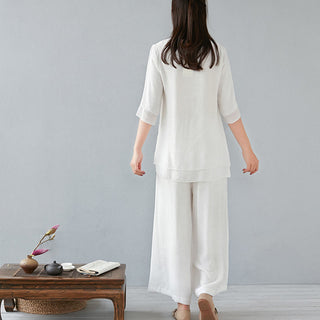 Buddha Gift 2Pcs Three Quarter Sleeve Long Sleeve Shirt Wide Leg Pants Meditation Cotton Linen Clothing Women's Set