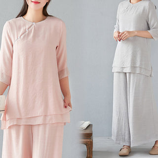 Buddha Gift 2Pcs Three Quarter Sleeve Long Sleeve Shirt Wide Leg Pants Meditation Cotton Linen Clothing Women's Set
