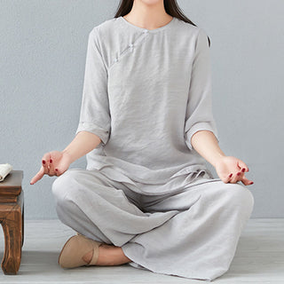 Buddha Gift 2Pcs Three Quarter Sleeve Long Sleeve Shirt Wide Leg Pants Meditation Cotton Linen Clothing Women's Set