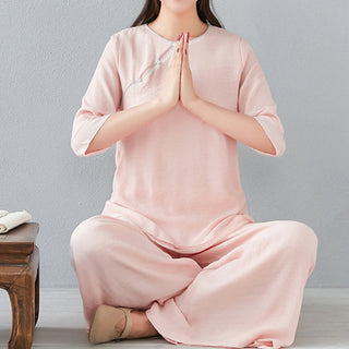 Buddha Gift 2Pcs Three Quarter Sleeve Long Sleeve Shirt Wide Leg Pants Meditation Cotton Linen Clothing Women's Set