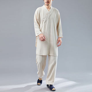 Buddha Gift 2Pcs V-Neck Men's Long Sleeve Shirt Top Pants Meditation Zen Tai Chi Cotton Linen Clothing Set