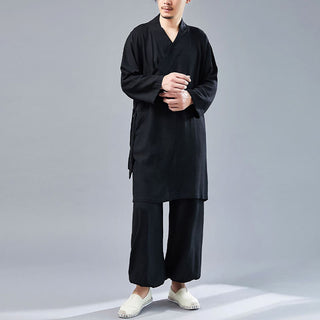Buddha Gift 2Pcs V-Neck Men's Long Sleeve Shirt Top Pants Meditation Zen Tai Chi Cotton Linen Clothing Set