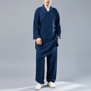 Buddha Gift 2Pcs V-Neck Men's Long Sleeve Shirt Top Pants Meditation Zen Tai Chi Cotton Linen Clothing Set