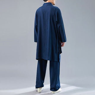 Buddha Gift 2Pcs V-Neck Men's Long Sleeve Shirt Top Pants Meditation Zen Tai Chi Cotton Linen Clothing Set