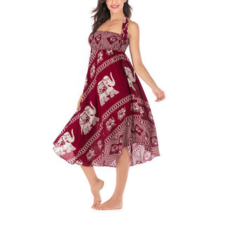Buddha Gift Two Style Wear Bohemian Summer Elephant Lines Lace-up Skirt Dress