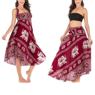 Buddha Gift Two Style Wear Bohemian Summer Elephant Lines Lace-up Skirt Dress