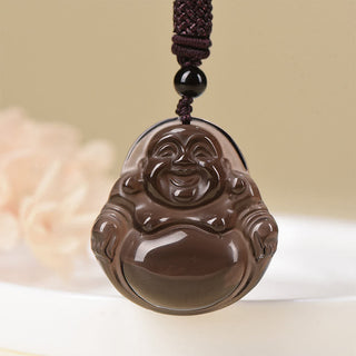 Buddha Gift Natural Black Obsidian Ice Obsidian Laughing Buddha Purification Necklace Pendant