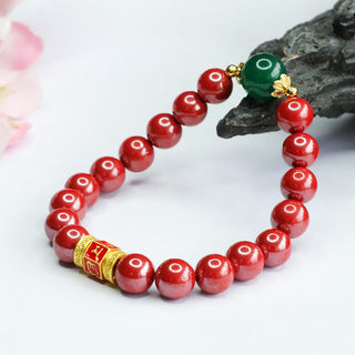 Buddha Gift Natural Cinnabar Green Agate Om Mani Padme Hum Pattern Blessing Bracelet