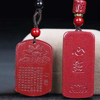 Buddha Gift Cinnabar Lotus Heart Sutra Engraved Blessing Rope Necklace Pendant