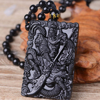 Buddha Gift Black Obsidian Guan Gong Amulet Engraved Strength Necklace Pendant