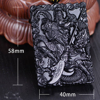 Buddha Gift Black Obsidian Guan Gong Amulet Engraved Strength Necklace Pendant