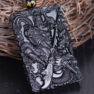 Buddha Gift Black Obsidian Guan Gong Amulet Engraved Strength Necklace Pendant
