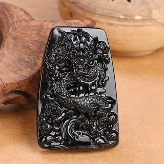 Buddha Gift Black Obsidian Dragon Carved Luck Protection Necklace Pendant