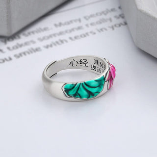 Buddha Gift 925 Sterling Silver Lotus Flower Heart Sutra Enlightenment Ring