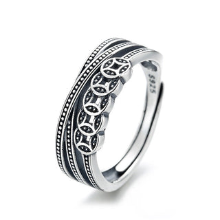 Buddha Gift 925 Sterling Silver Copper Coins Wealth Blessing Adjustable Ring