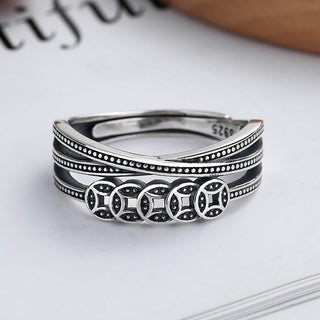 Buddha Gift 925 Sterling Silver Copper Coins Wealth Blessing Adjustable Ring