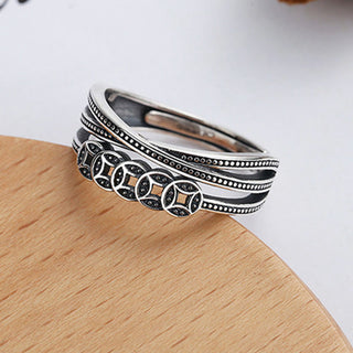 Buddha Gift 925 Sterling Silver Copper Coins Wealth Blessing Adjustable Ring
