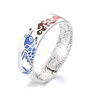 Buddha Gift 925 Sterling Silver Lucky Koi Fish Auspicious Clouds Wealth Ring