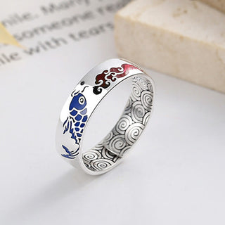 Buddha Gift 925 Sterling Silver Lucky Koi Fish Auspicious Clouds Wealth Ring