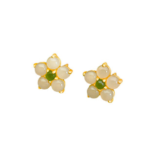 Buddha Gift 925 Sterling Silver Hetian Jade Luck Flower Stud Earrings
