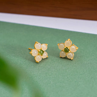 Buddha Gift 925 Sterling Silver Hetian Jade Luck Flower Stud Earrings