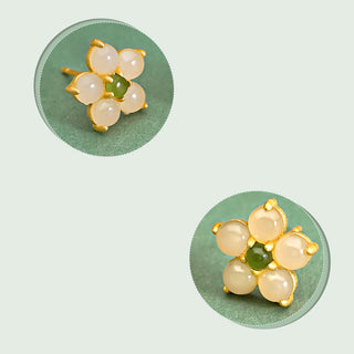 Buddha Gift 925 Sterling Silver Hetian Jade Luck Flower Stud Earrings