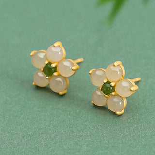 Buddha Gift 925 Sterling Silver Hetian Jade Luck Flower Stud Earrings