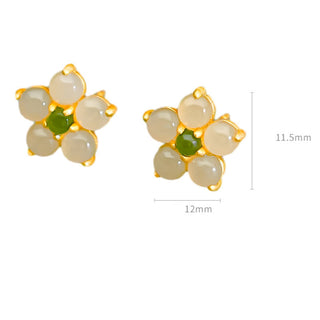 Buddha Gift 925 Sterling Silver Hetian Jade Luck Flower Stud Earrings