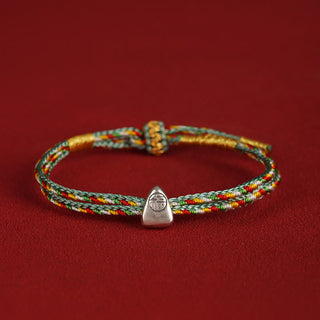 Buddha Gift 925 Sterling Silver Fu Character Luck Multicolored Rope Bracelet