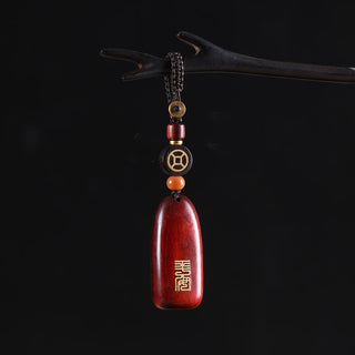 Buddha Gift Small Leaf Red Sandalwood Ebony Wood Peace Auspicious Copper Coin Protection Key Chain