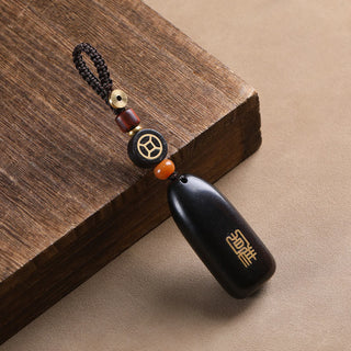 Buddha Gift Small Leaf Red Sandalwood Ebony Wood Peace Auspicious Copper Coin Protection Key Chain