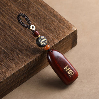 Buddha Gift Small Leaf Red Sandalwood Ebony Wood Peace Auspicious Copper Coin Protection Key Chain