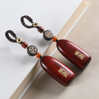 Buddha Gift Small Leaf Red Sandalwood Ebony Wood Peace Auspicious Copper Coin Protection Key Chain