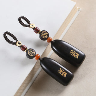 Buddha Gift Small Leaf Red Sandalwood Ebony Wood Peace Auspicious Copper Coin Protection Key Chain