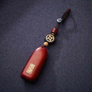 Buddha Gift Small Leaf Red Sandalwood Ebony Wood Peace Auspicious Copper Coin Protection Key Chain