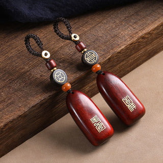 Buddha Gift Small Leaf Red Sandalwood Ebony Wood Peace Auspicious Copper Coin Protection Key Chain