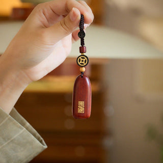 Buddha Gift Small Leaf Red Sandalwood Ebony Wood Peace Auspicious Copper Coin Protection Key Chain