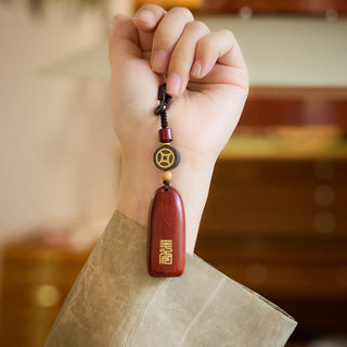 Buddha Gift Small Leaf Red Sandalwood Ebony Wood Peace Auspicious Copper Coin Protection Key Chain