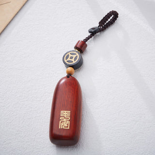 Buddha Gift Small Leaf Red Sandalwood Ebony Wood Peace Auspicious Copper Coin Protection Key Chain