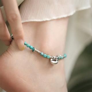 Buddha Gift 925 Sterling Silver Turquoise Small Beads Chinese Lock Charm Strength Anklet