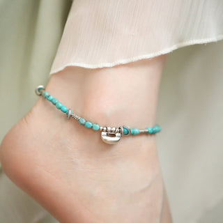 Buddha Gift 925 Sterling Silver Turquoise Small Beads Chinese Lock Charm Strength Anklet