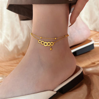 Buddha Gift Copper Coins Attract Wealth Titanium Steel Anklet