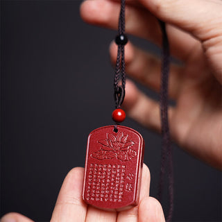 Buddha Gift Cinnabar Lotus Heart Sutra Engraved Blessing Rope Necklace Pendant