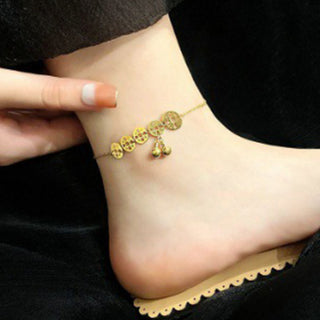 Buddha Gift Copper Coins Bell Charm Titanium Steel Strengthen Anklet