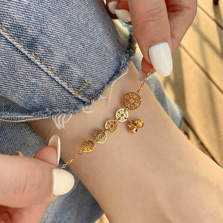 Buddha Gift Copper Coins Bell Charm Titanium Steel Strengthen Anklet