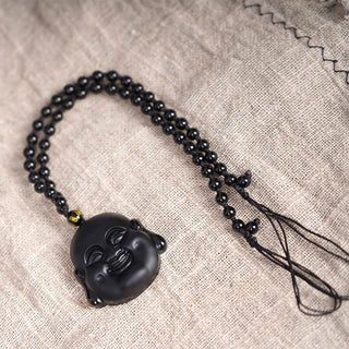 Buddha Gift Natural Black Obsidian Laughing Buddha Purification Necklace Pendant