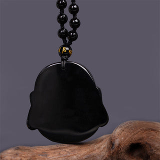 Buddha Gift Natural Black Obsidian Laughing Buddha Purification Necklace Pendant