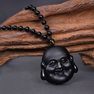 Buddha Gift Natural Black Obsidian Laughing Buddha Purification Necklace Pendant