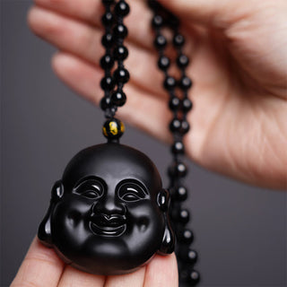 Buddha Gift Natural Black Obsidian Laughing Buddha Purification Necklace Pendant
