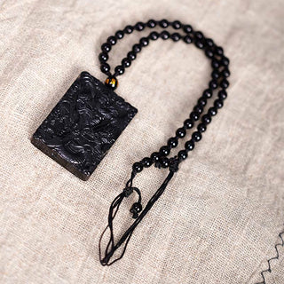 Buddha Gift Black Obsidian Guan Gong Amulet Engraved Strength Necklace Pendant